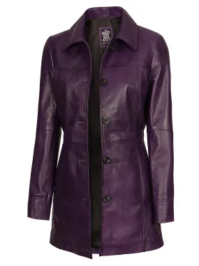 Kandis Women's Leather Purple 3/4 Length Car Coat