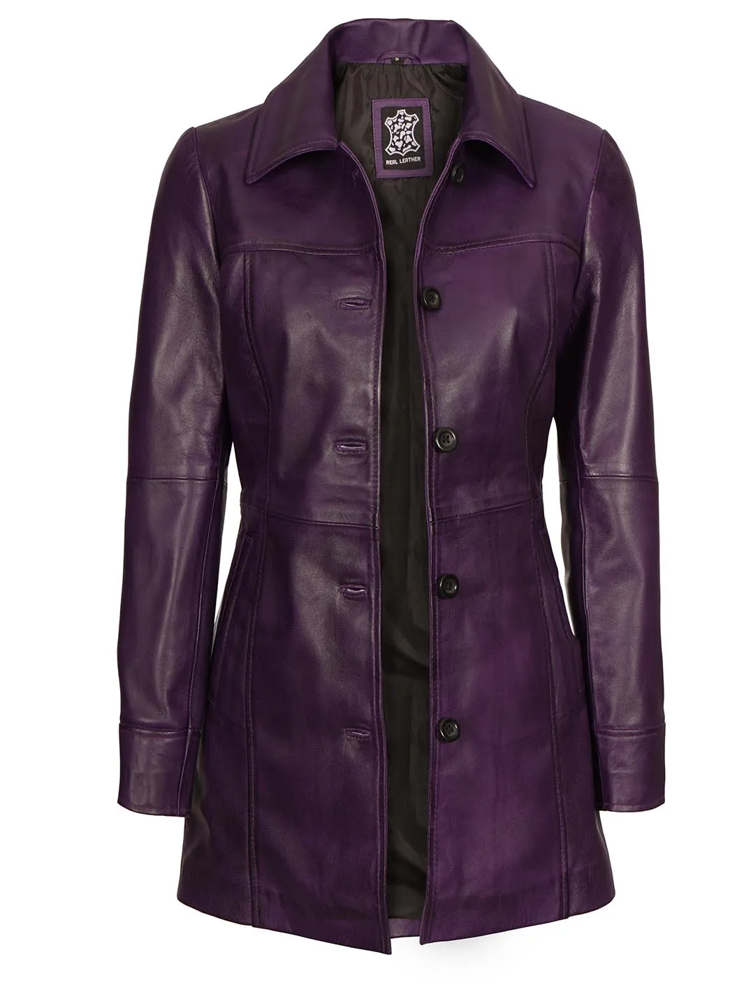 Kandis Women's Leather Purple 3/4 Length Car Coat