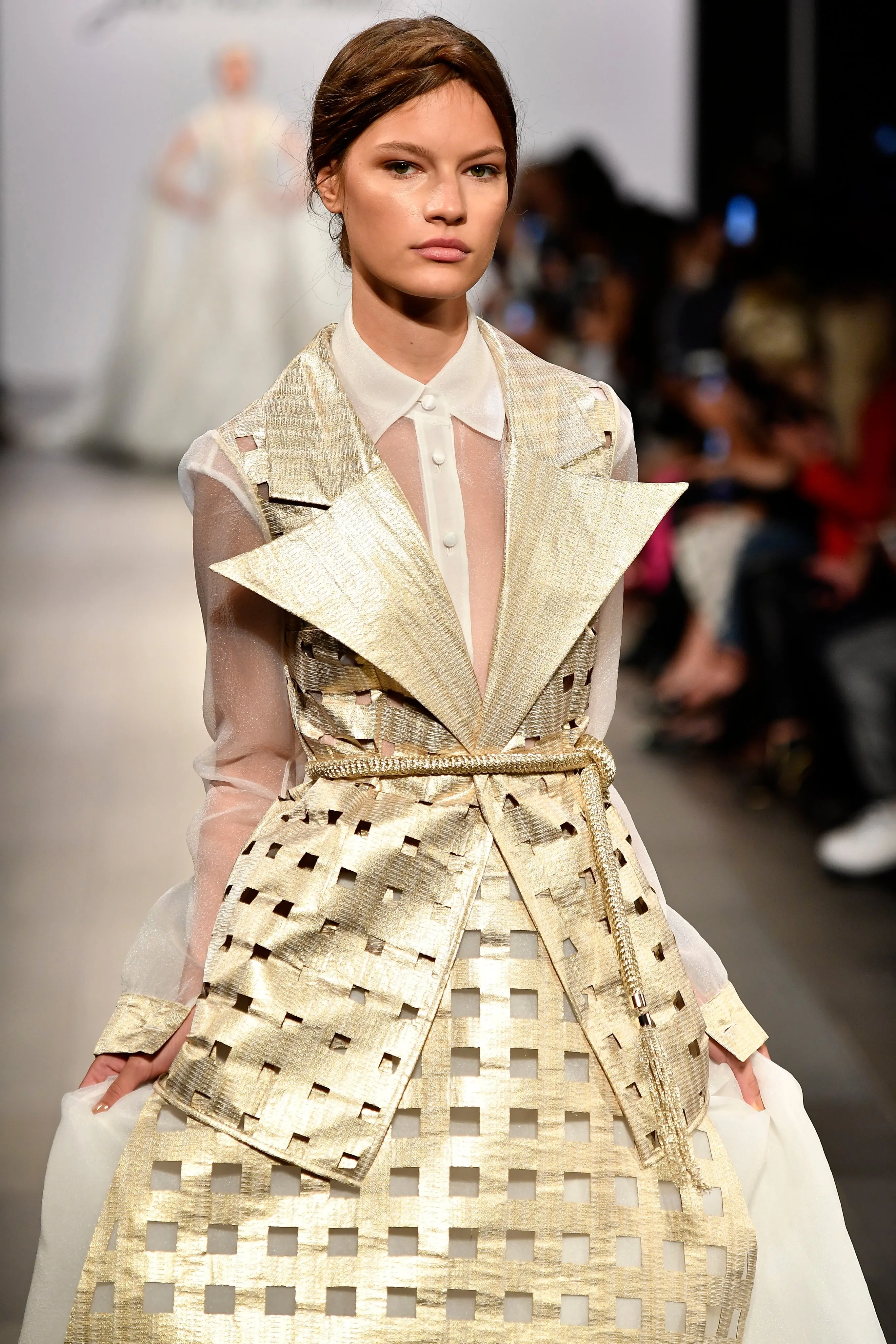 Laser-Cut Metallic Jacquard and Organza Jacket and Skirt