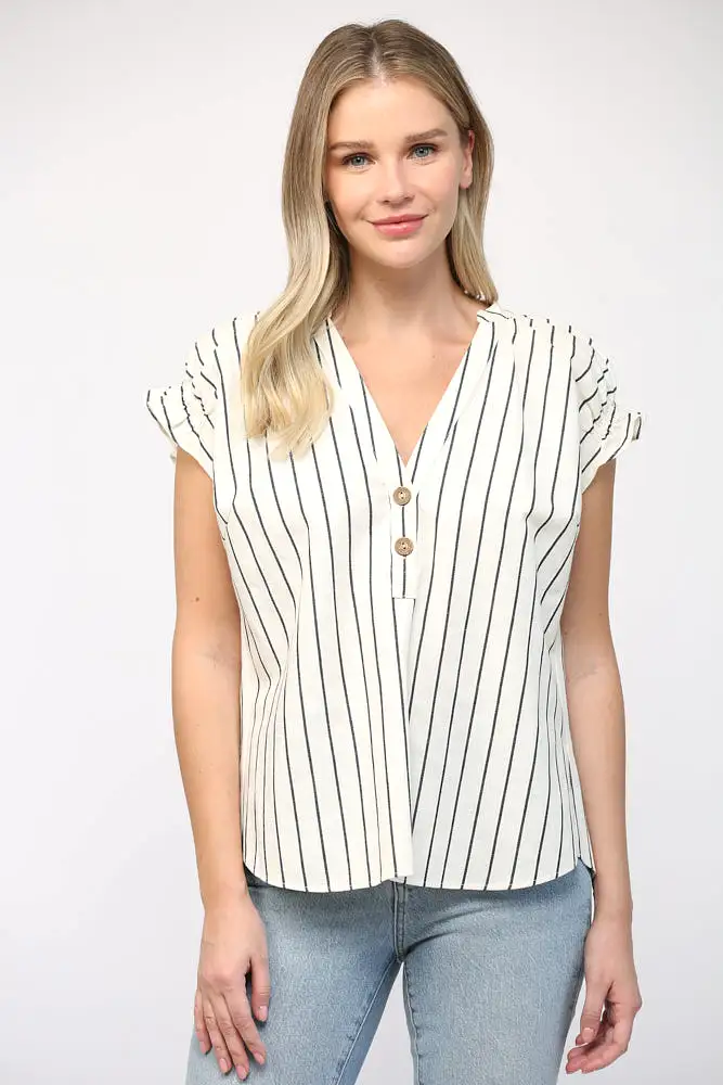 Linen Stripe Split Neck Top