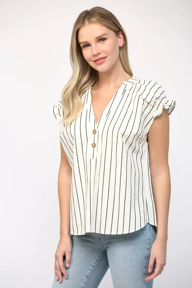 Linen Stripe Split Neck Top