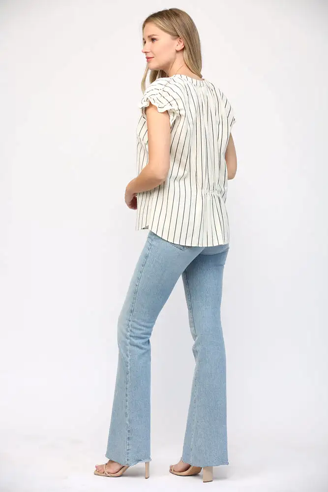 Linen Stripe Split Neck Top