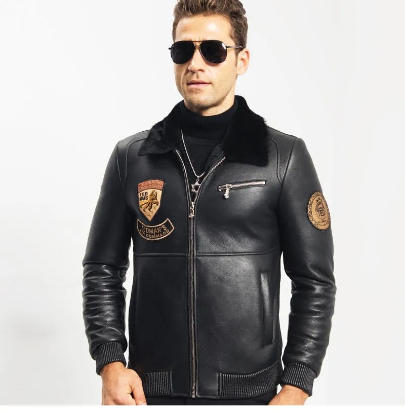 Men's Black Shearling leather Coat | Commando Style Jacket