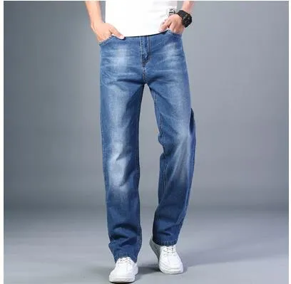 Men's Summer Leisure Light Blue Thin Denim Straight Leg Jeans Pants