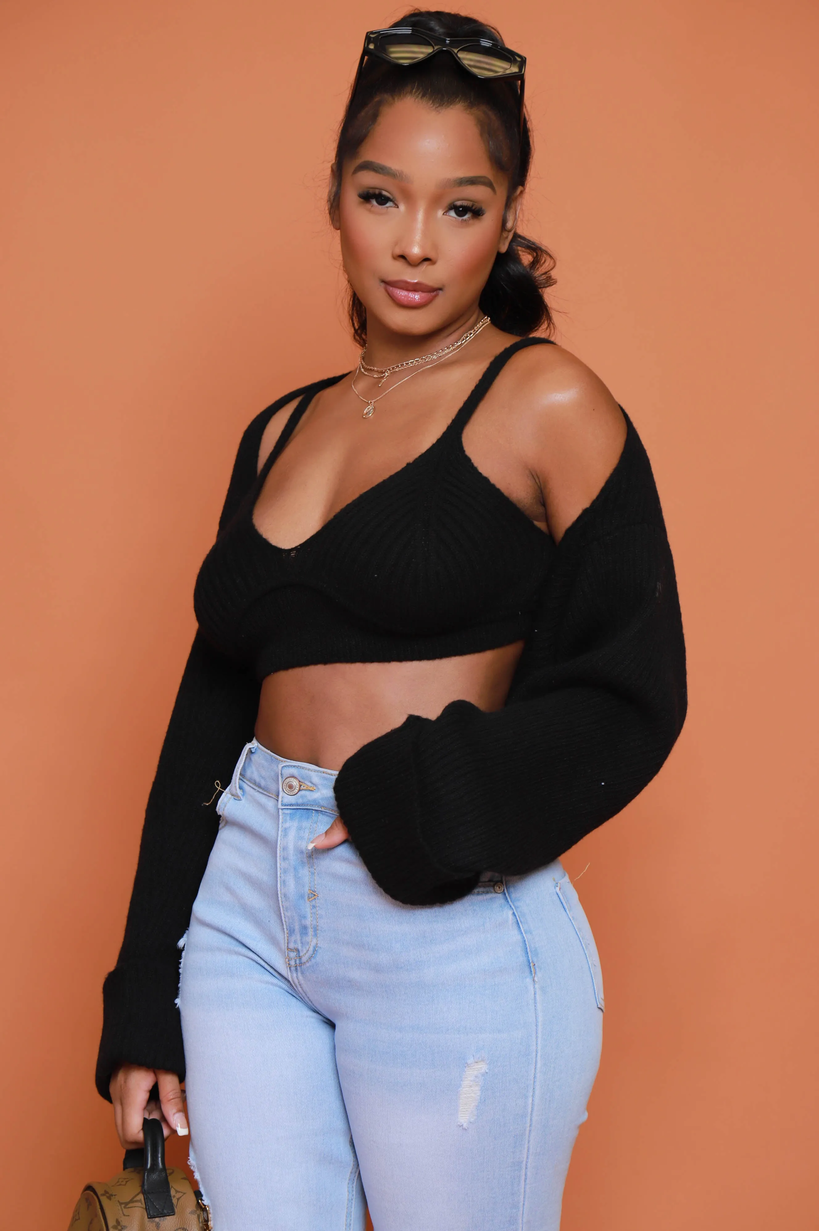 Mixed Signals Cropped Sweater Set - Black