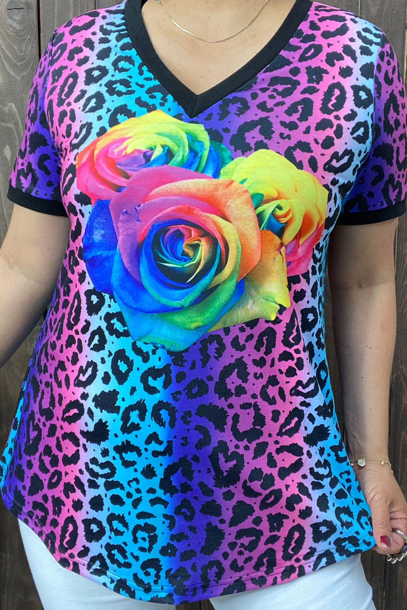 Multi Leopard top with colorful rose