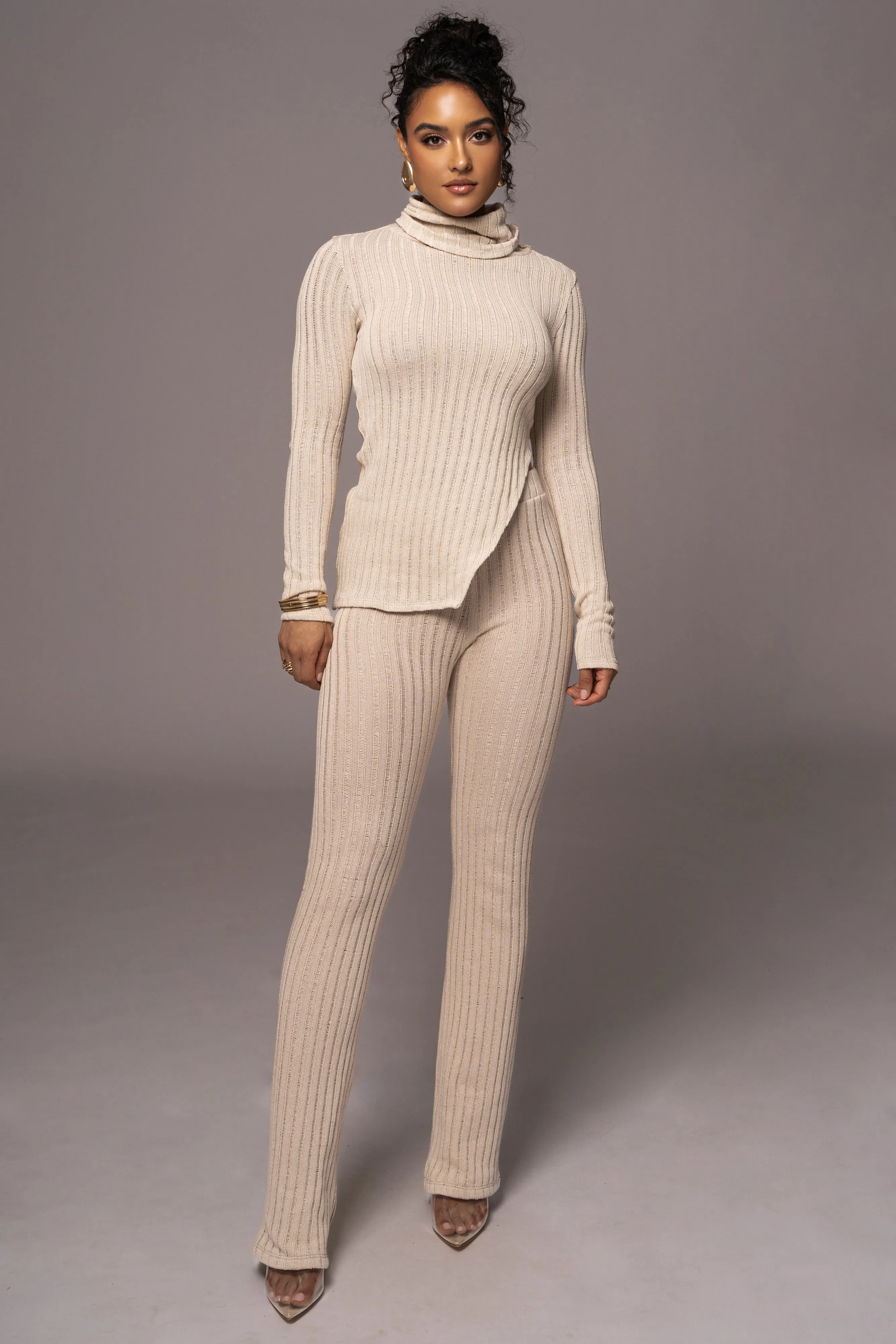 Natural One Call Away Ribbed Turtleneck Top