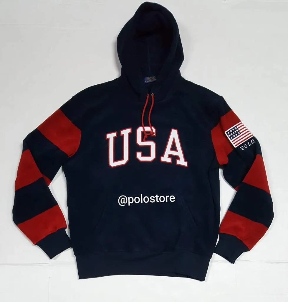 Nwt Polo Ralph Lauren Navy USA American Flag Fleece Patch Hoodie