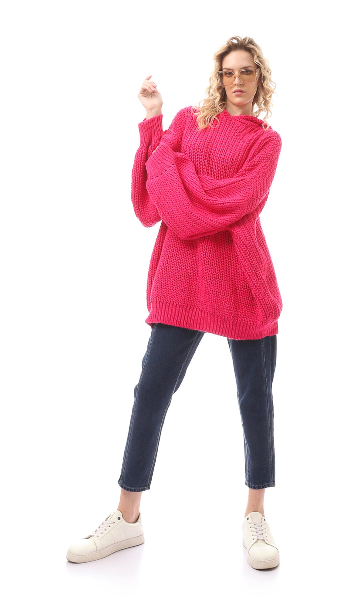 O168905 Knitted Long Pink Acrylic Pullover