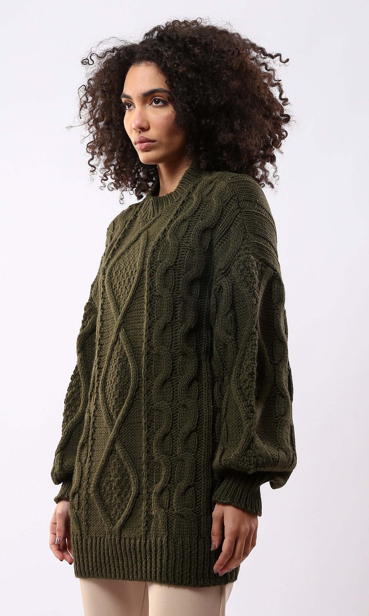 O168920 Mock Neck Knitted Dark Olive Long Pullover