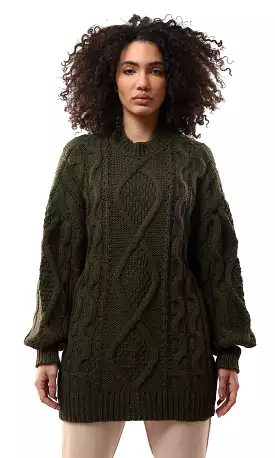 O168920 Mock Neck Knitted Dark Olive Long Pullover