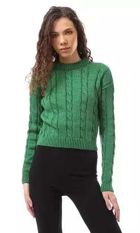 O169347 Knitted Slip On Round Neck Green Pullover