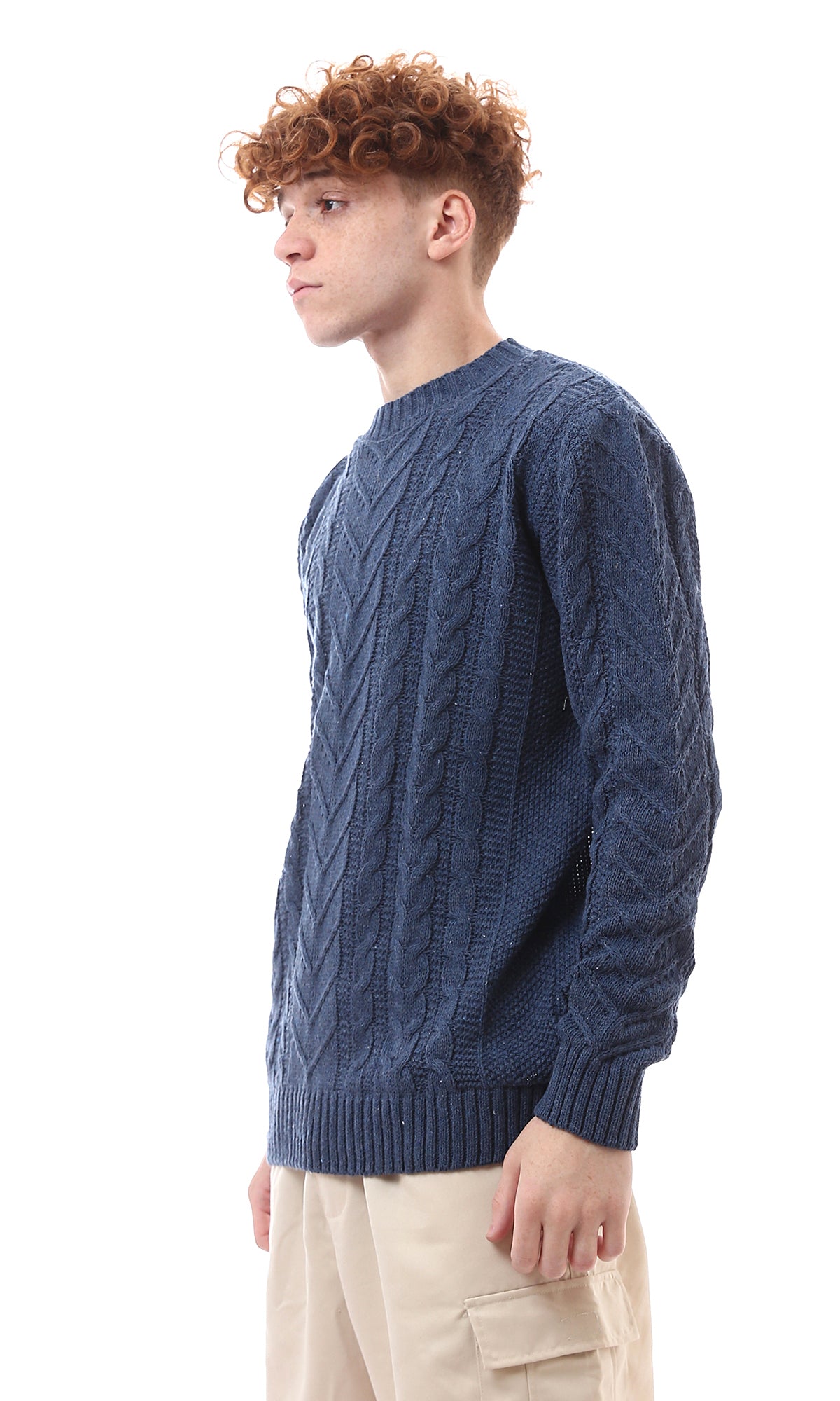 O171305 Mock Neck Long Sleeves Knitted Navy Blue Pullover