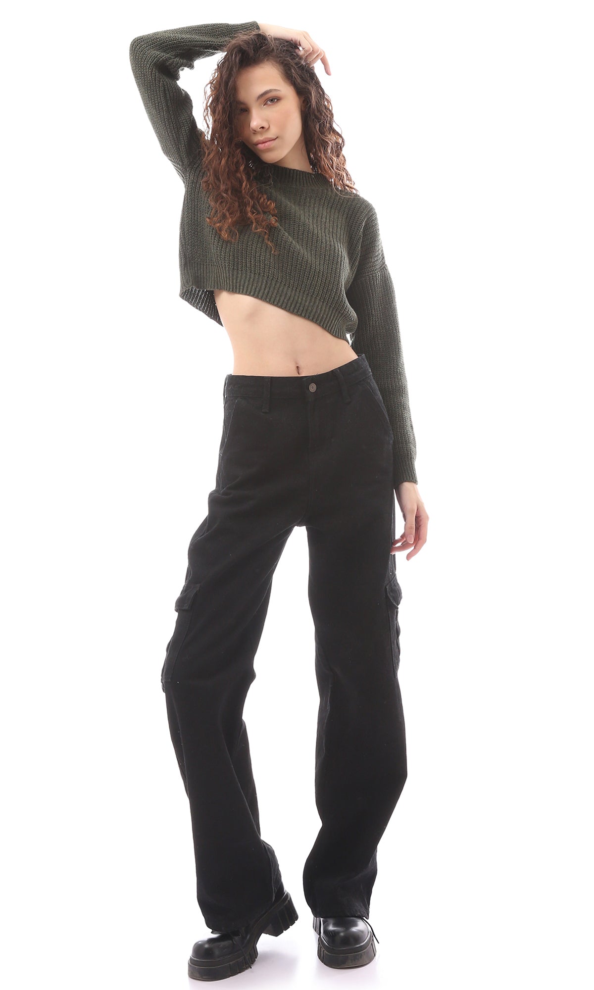 O171368 Green Cropped Knitted Pullover