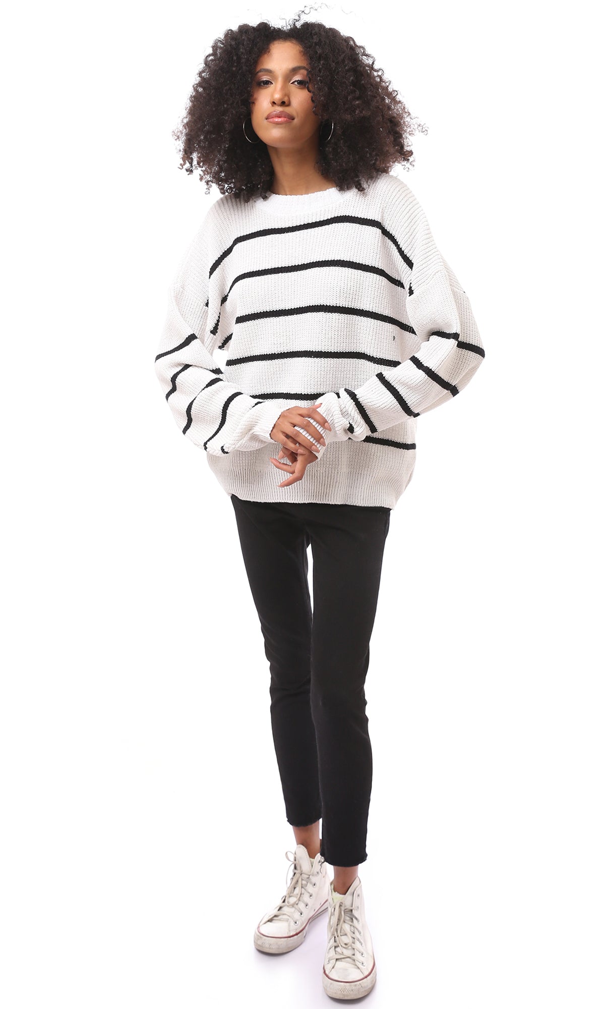 O171372 Off-White Knitted Pullover With Black Stripes