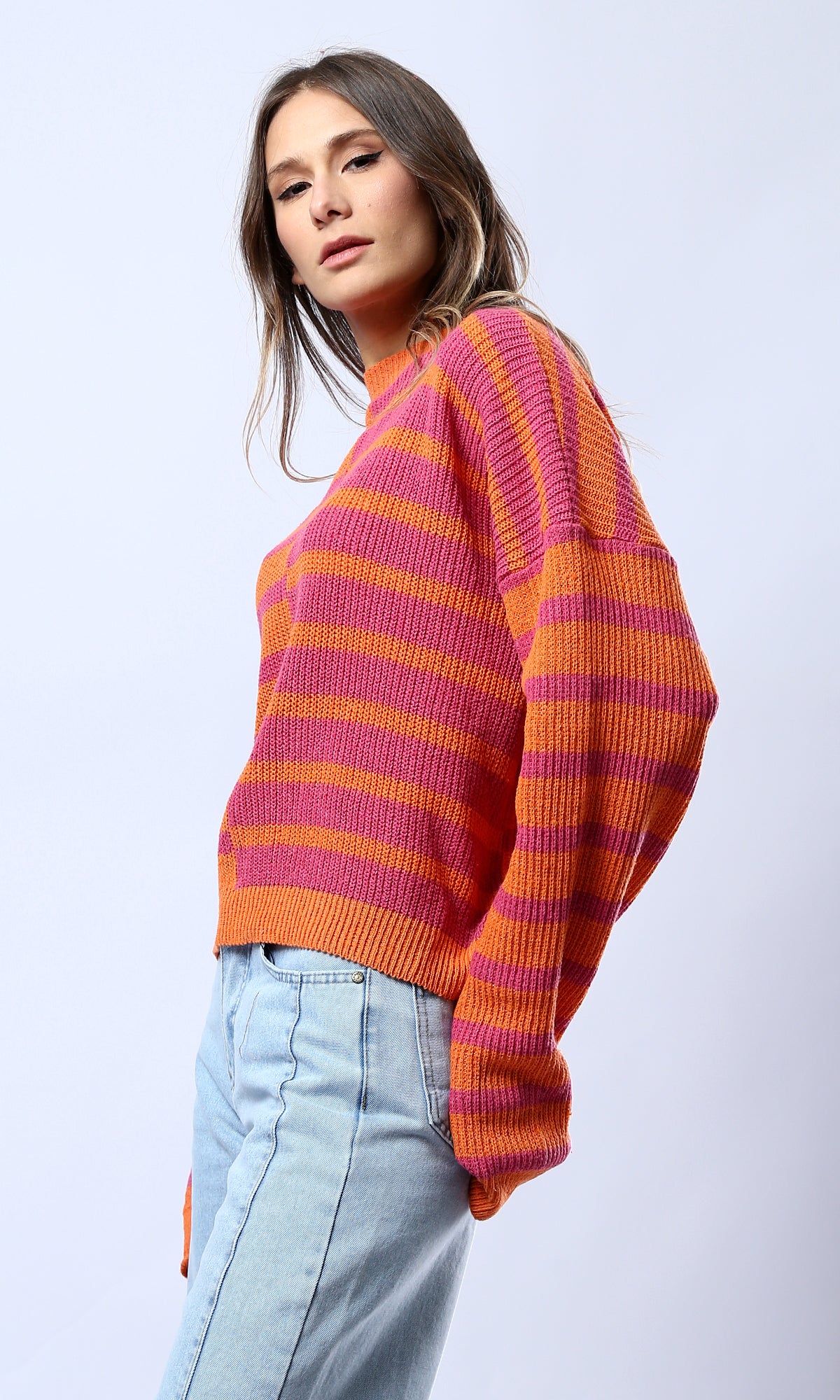 O173662 Bi-Tone Knitted Slip On Pullover - Fuchsia & Orange