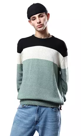 O174213 Tri-Tone Knitted Relaxed Pullover - Black, Off-White & Mint