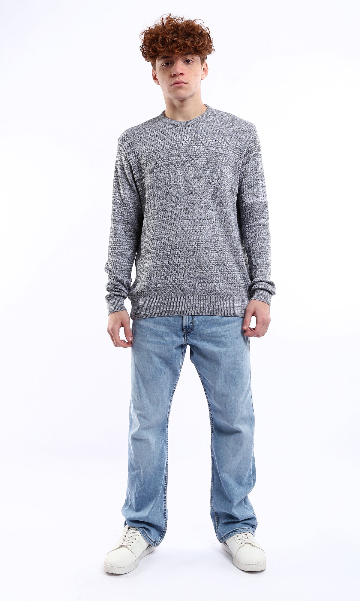 O175246 Round Neck Knitted Grey & White Pullover