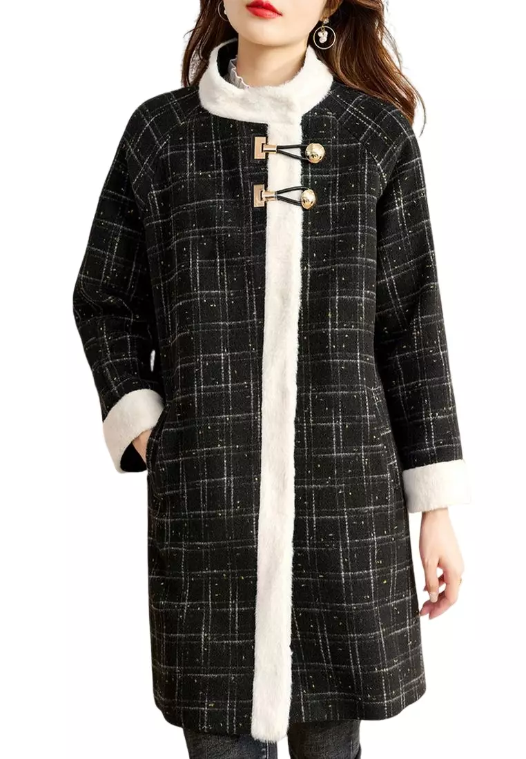 ONX.HK Temperament Ladies Golden Line Plaid Woolen Coat