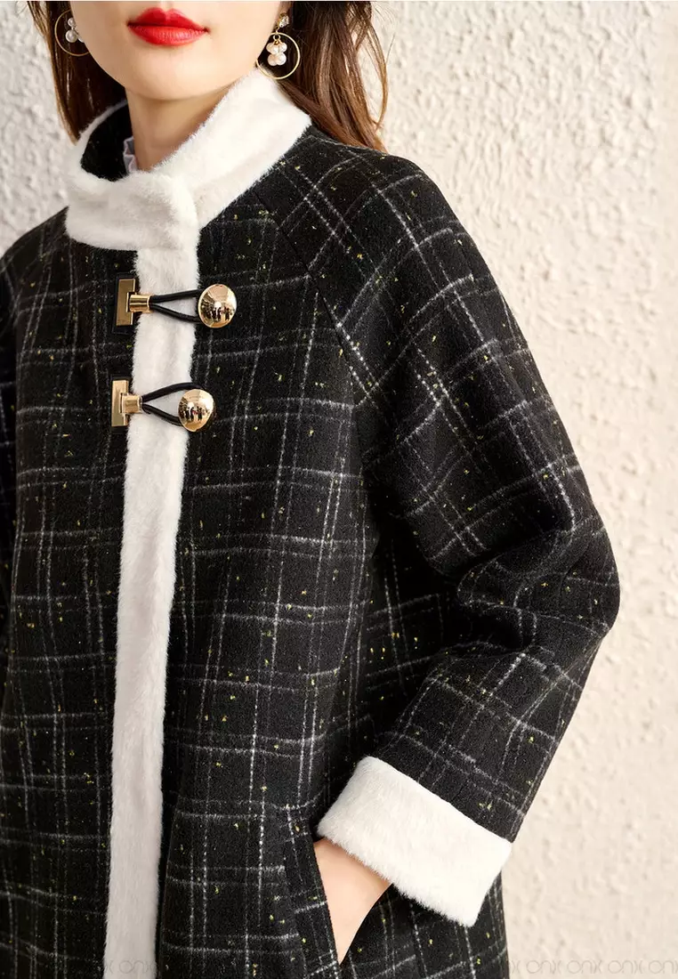 ONX.HK Temperament Ladies Golden Line Plaid Woolen Coat