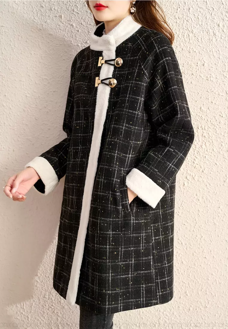 ONX.HK Temperament Ladies Golden Line Plaid Woolen Coat