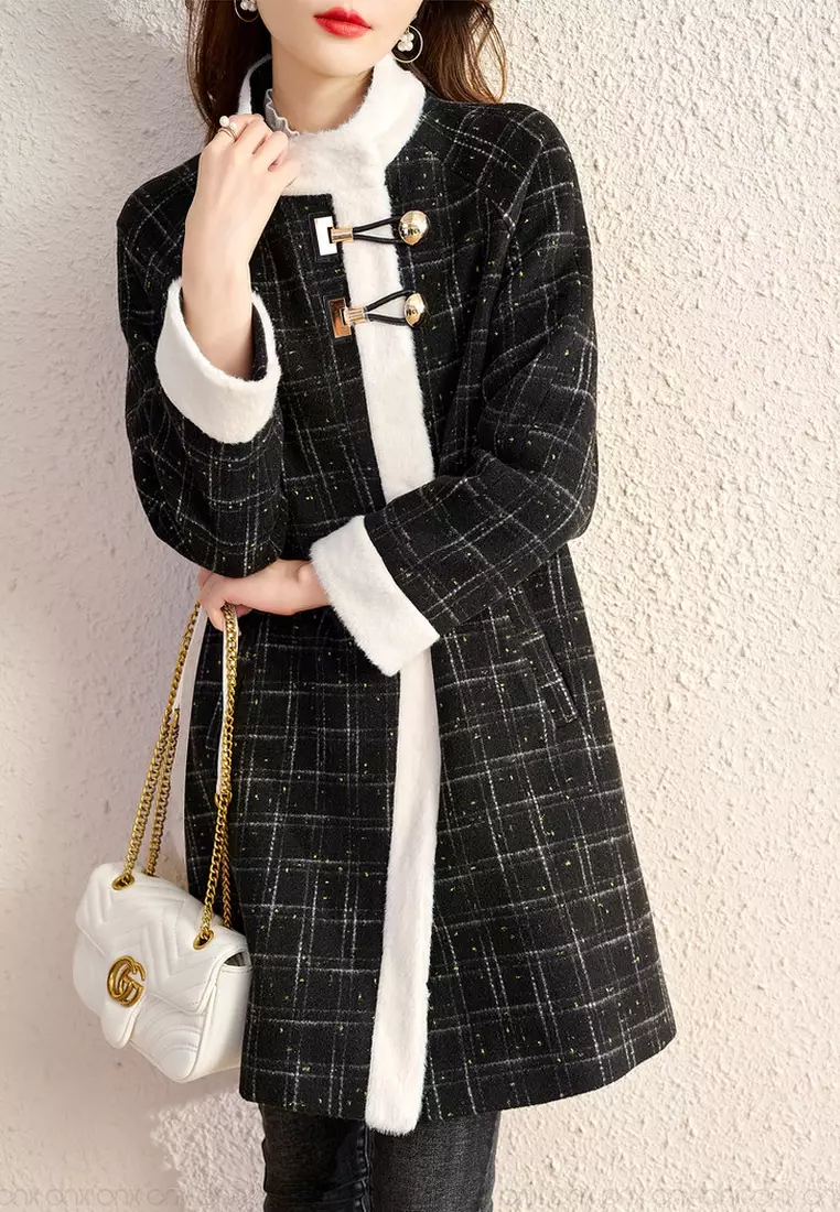 ONX.HK Temperament Ladies Golden Line Plaid Woolen Coat