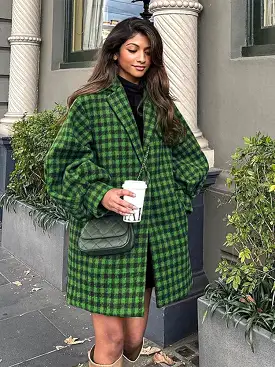 Oversized Green Plaid Lantern Sleeve Lapel Woolen Coat Autumn Winter Vintage Loose Long Overcoats Women Fashion Casual Street Ou