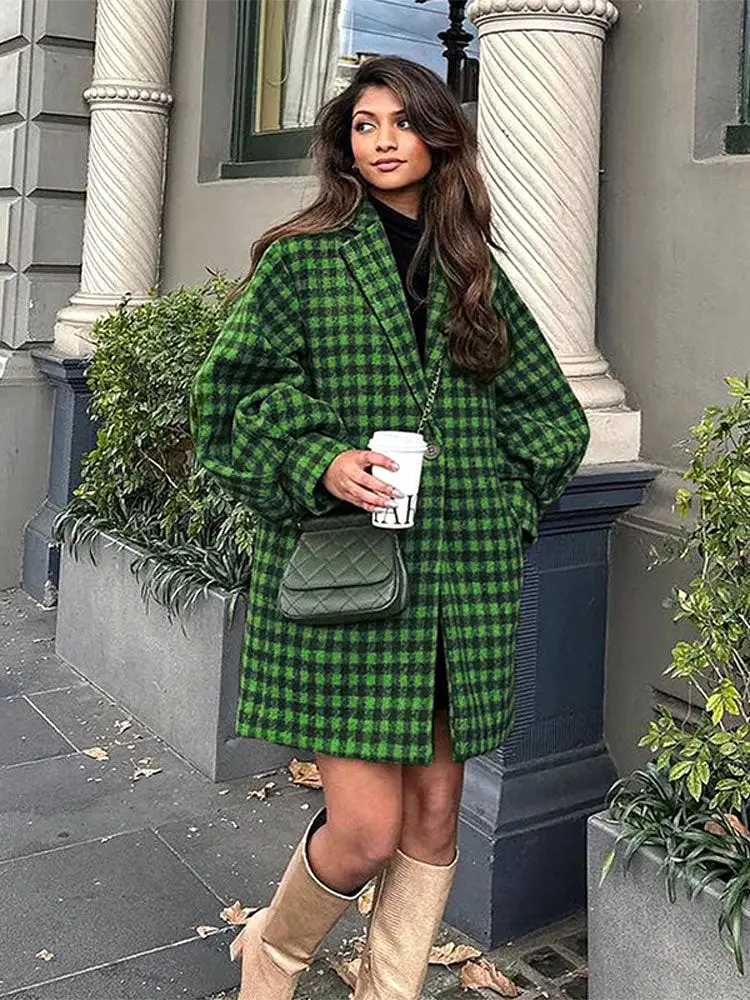 Oversized Green Plaid Lantern Sleeve Lapel Woolen Coat Autumn Winter Vintage Loose Long Overcoats Women Fashion Casual Street Ou