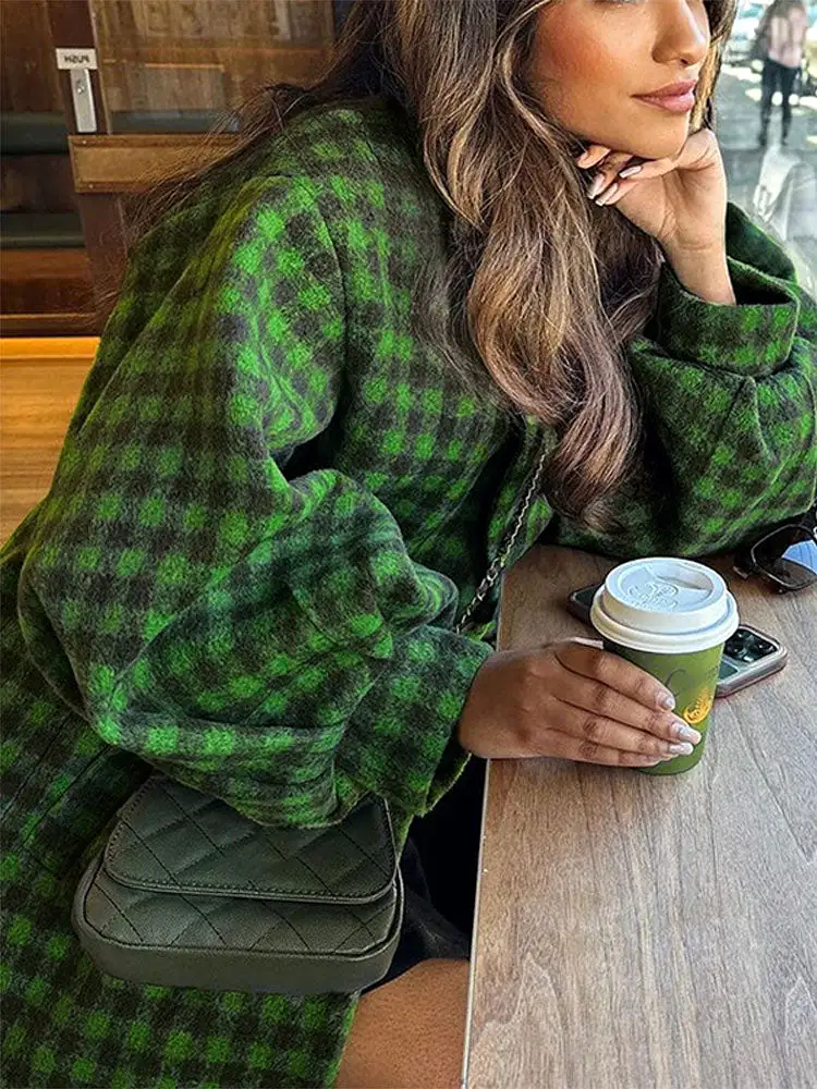 Oversized Green Plaid Lantern Sleeve Lapel Woolen Coat Autumn Winter Vintage Loose Long Overcoats Women Fashion Casual Street Ou