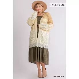 Patchwork Knitted Open Front Cardigan Sweater With Frayed Hem