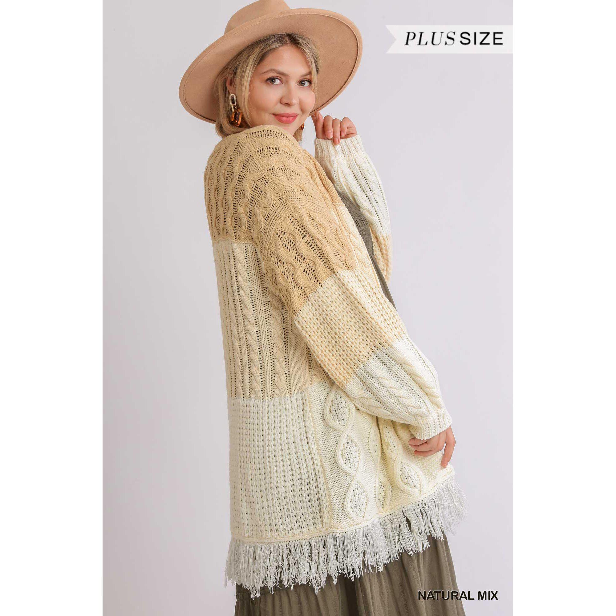 Patchwork Knitted Open Front Cardigan Sweater With Frayed Hem