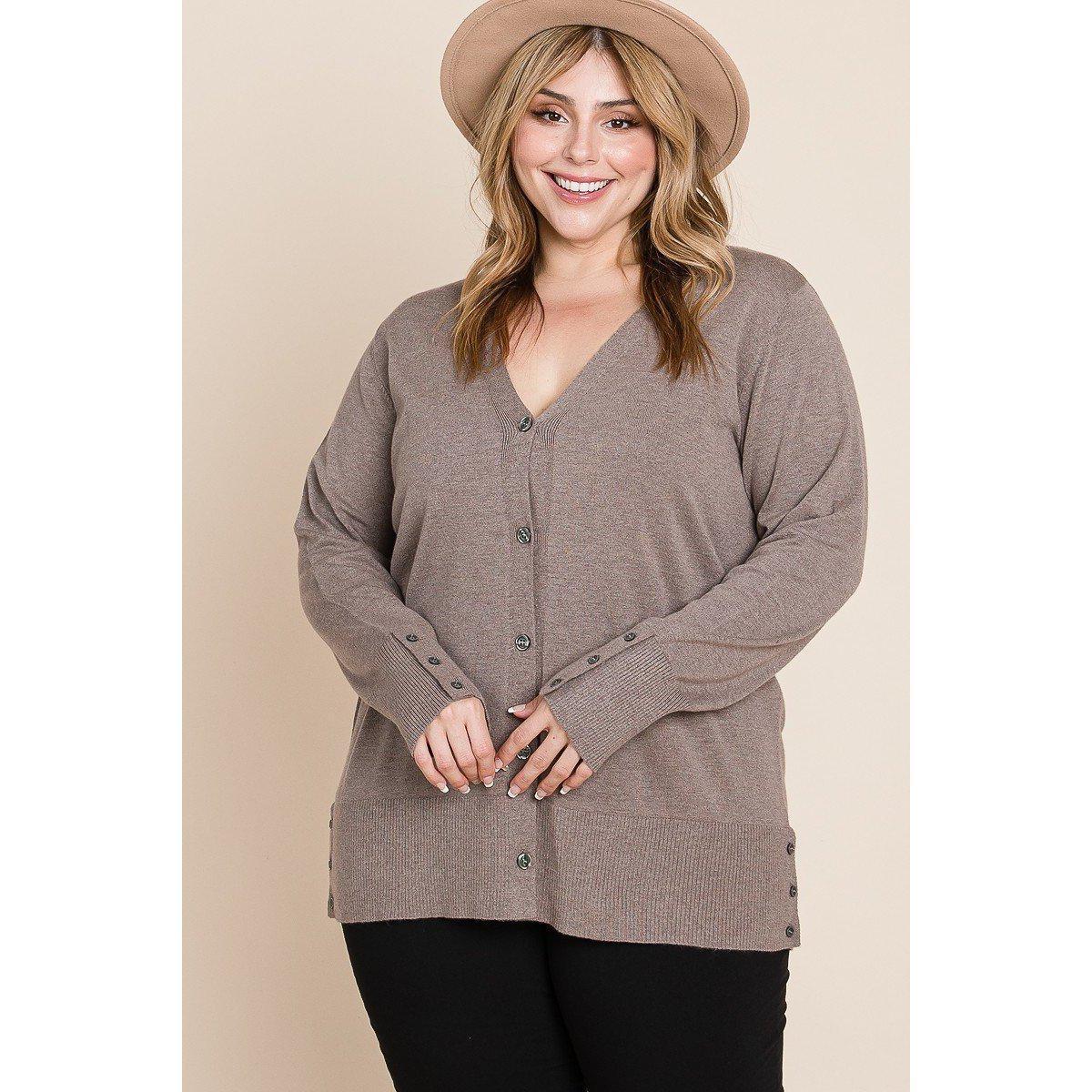 Plus Size Solid Buttery Soft V Neck Button Up High Quality Two Tone Knit Cardigan