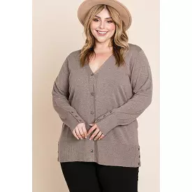 Plus Size Solid Buttery Soft V Neck Button Up High Quality Two Tone Knit Cardigan