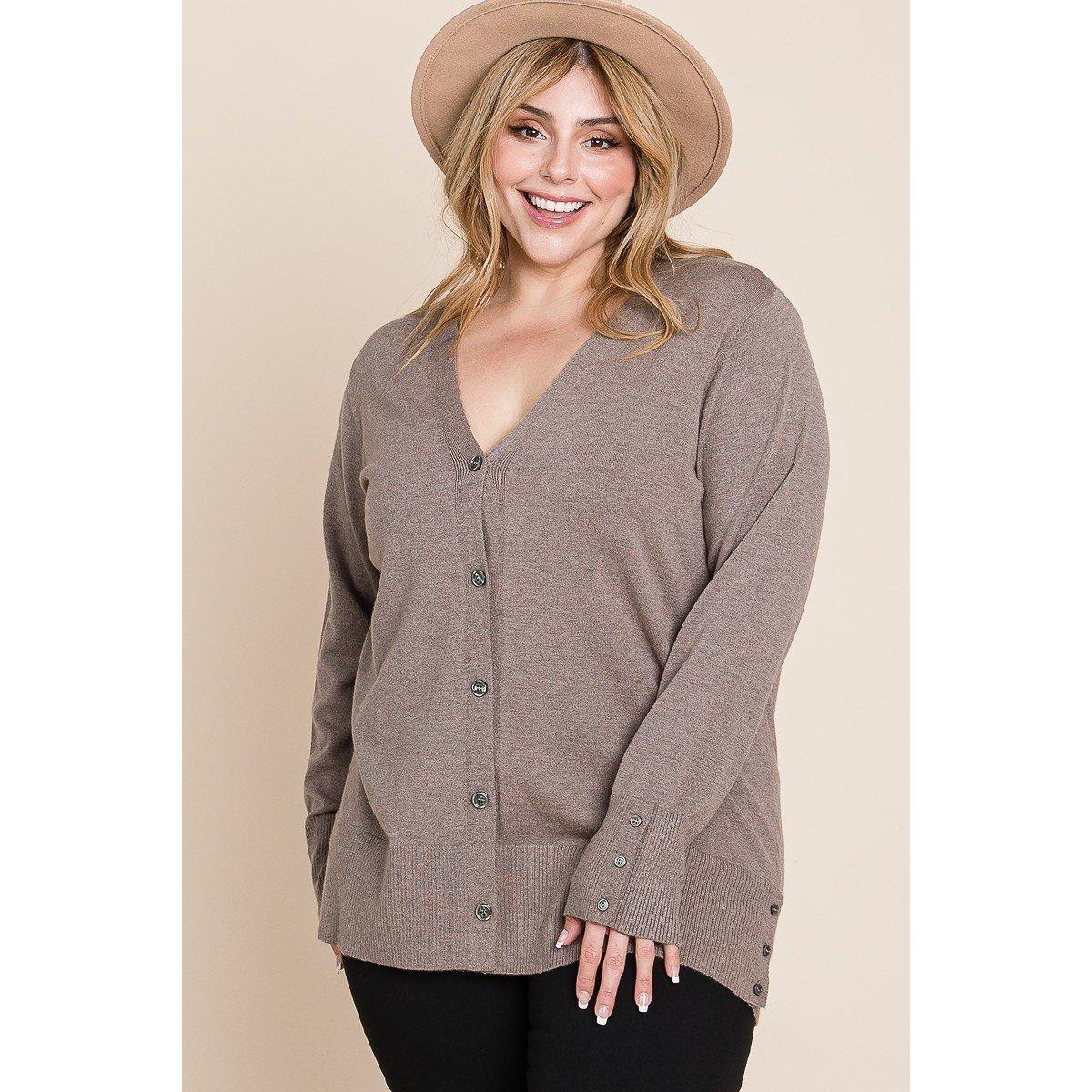 Plus Size Solid Buttery Soft V Neck Button Up High Quality Two Tone Knit Cardigan