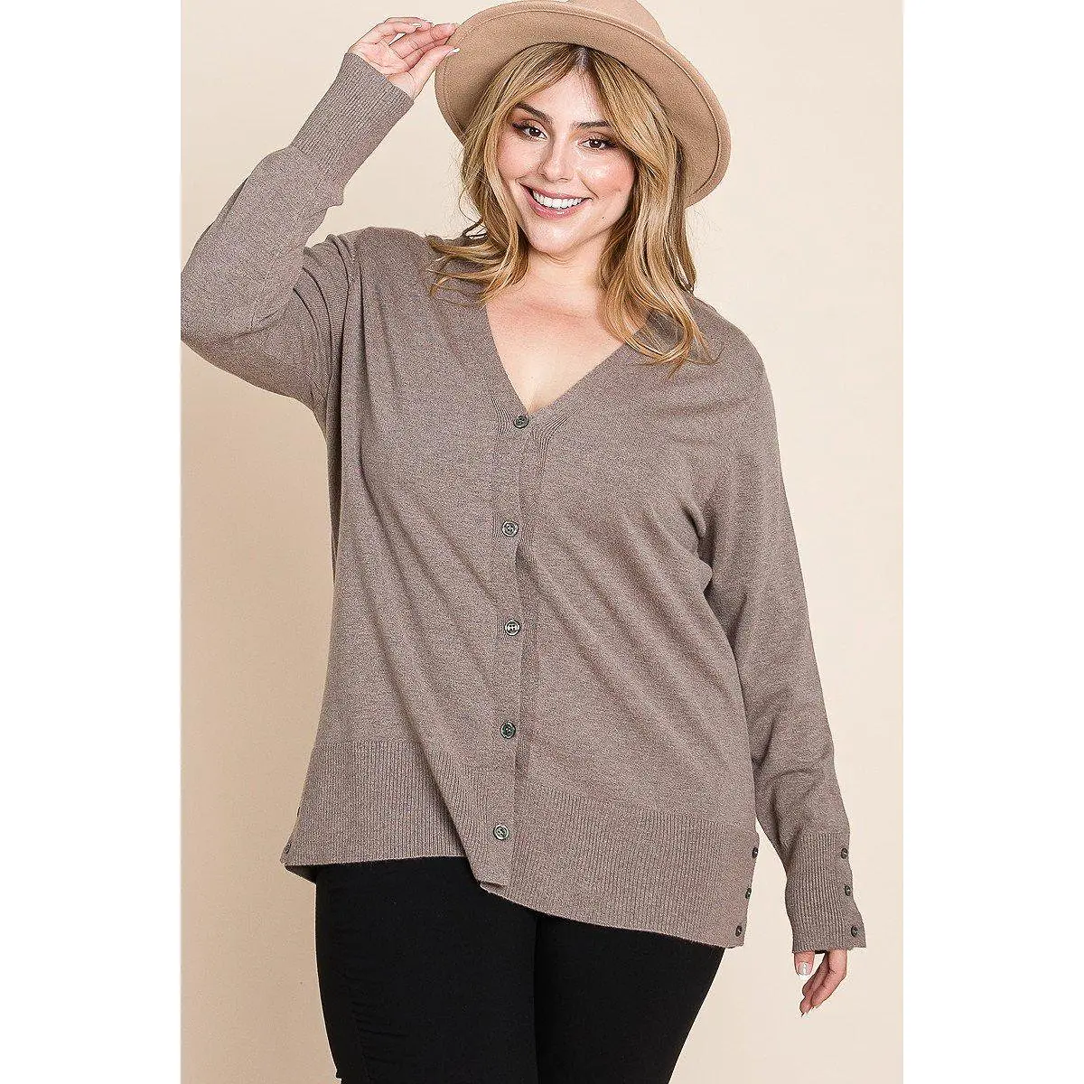 Plus Size Solid Buttery Soft V Neck Button Up High Quality Two Tone Knit Cardigan