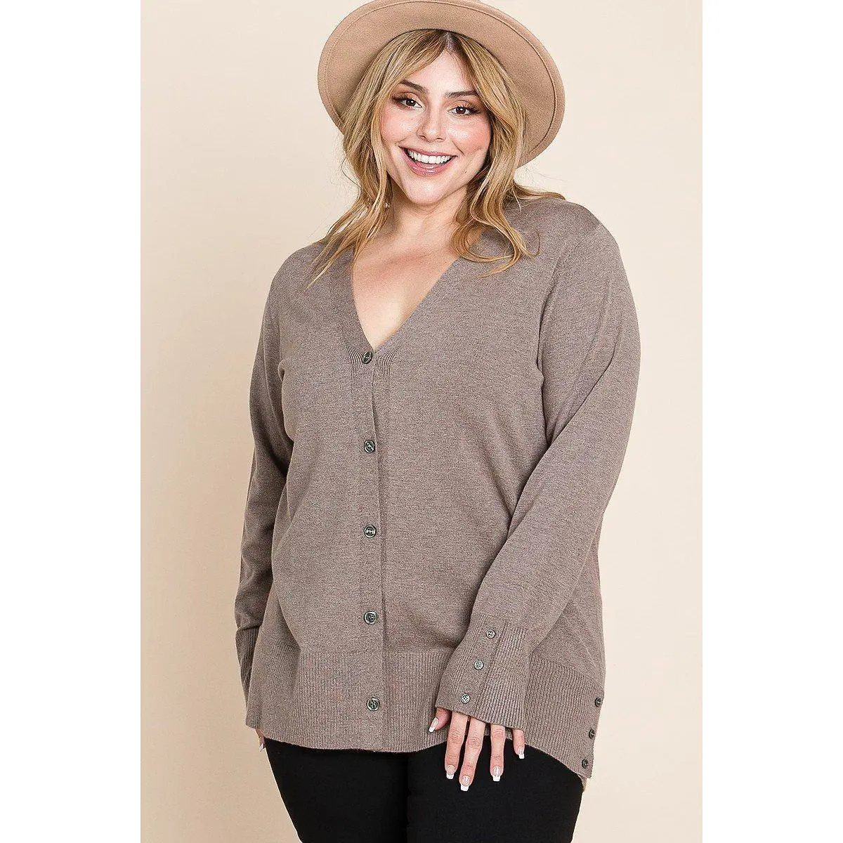 Plus Size Solid Buttery Soft V Neck Button Up High Quality Two Tone Knit Cardigan