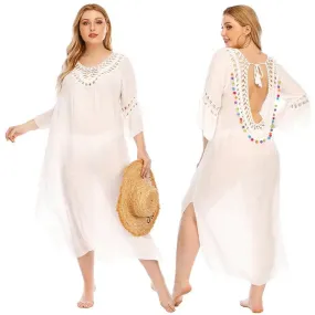 Plus Size White Beach Cover Up Summer Dress Cotton Tunic Beach Kaftan Women Beachwear Backless Swimsuit Cover Up Robe de plage B