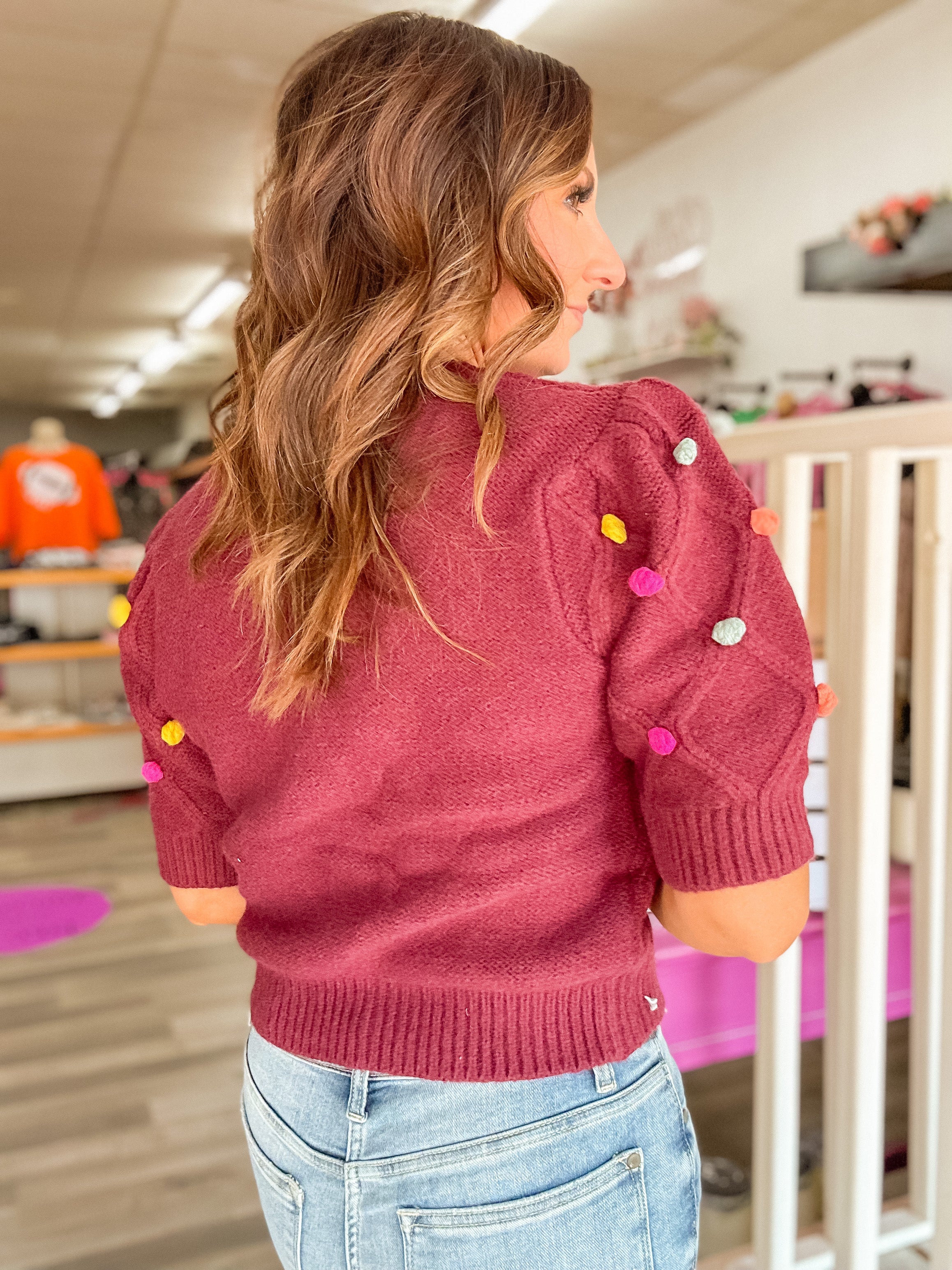 Pom Knitted Sweater - Burgundy