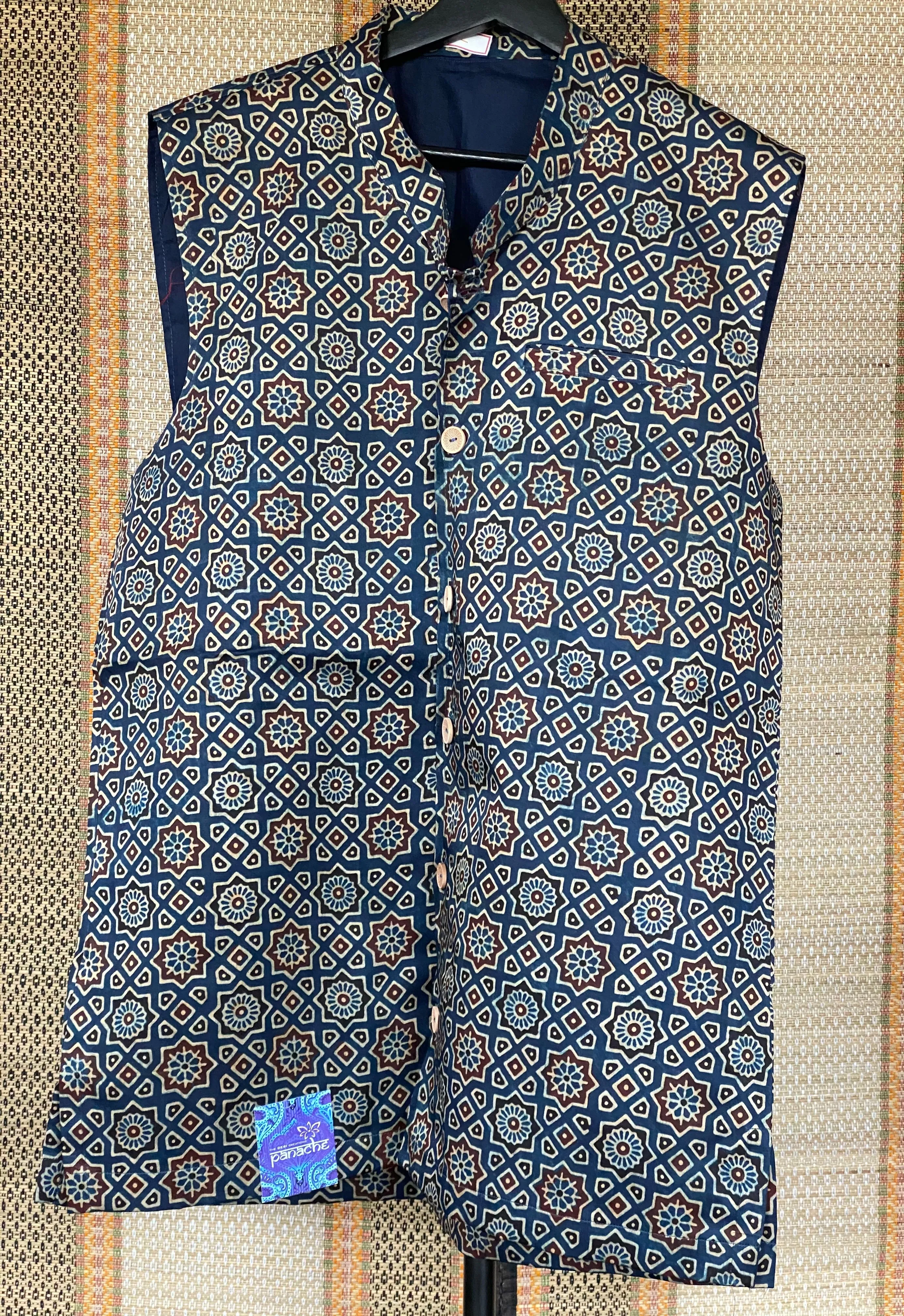 Silk Ajrakh Waist Jacket/Coat Men - Blue Maroon XL 42