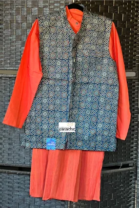 Silk Ajrakh Waist Jacket/Coat Men - Blue Maroon XL 42