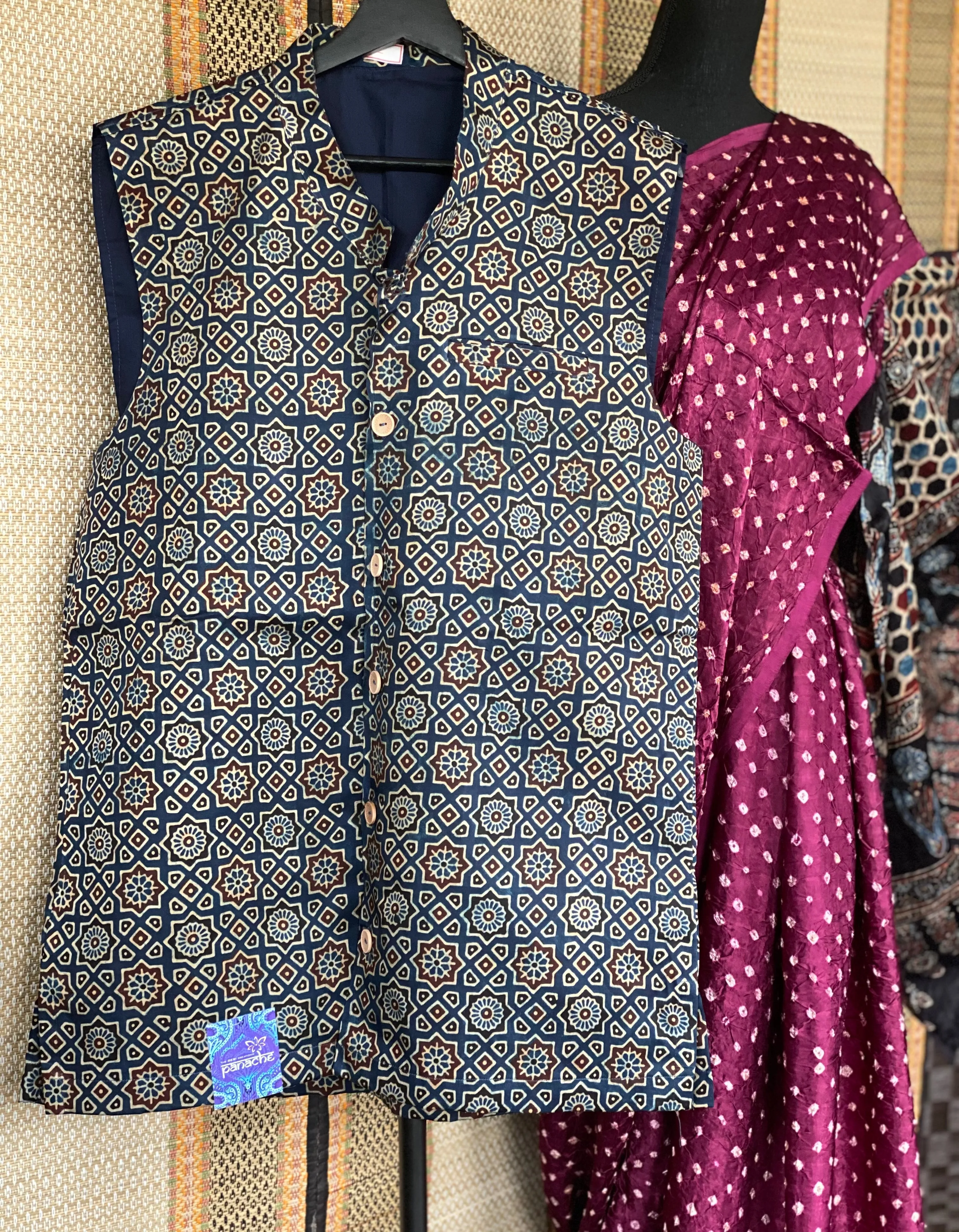 Silk Ajrakh Waist Jacket/Coat Men - Blue Maroon XL 42