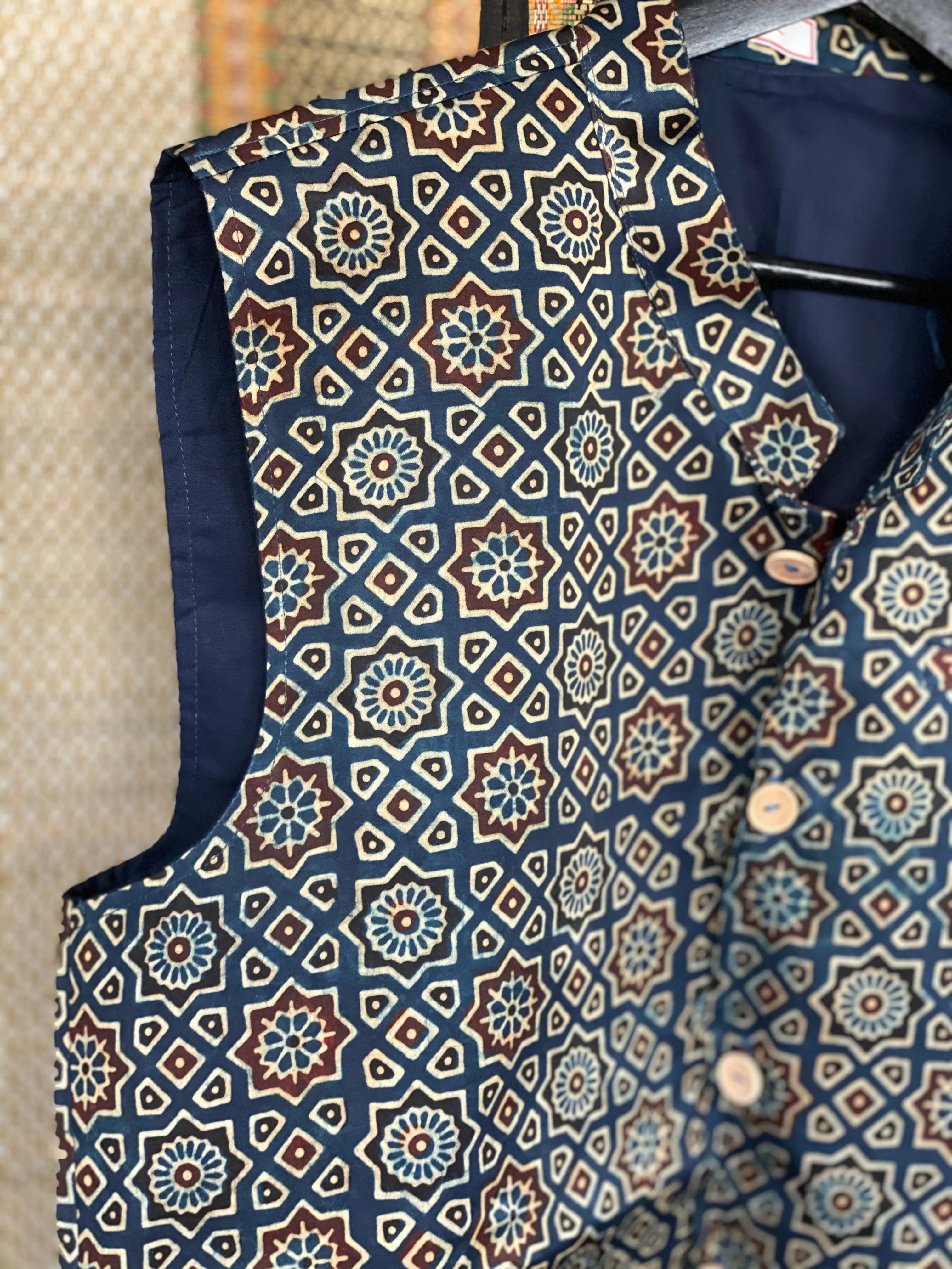 Silk Ajrakh Waist Jacket/Coat Men - Blue Maroon XL 42