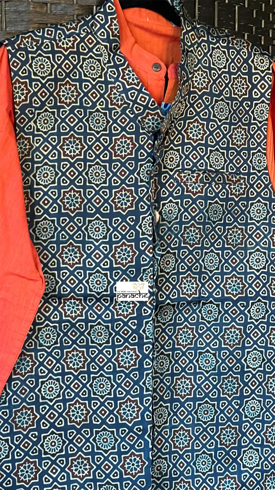 Silk Ajrakh Waist Jacket/Coat Men - Blue Maroon XL 42