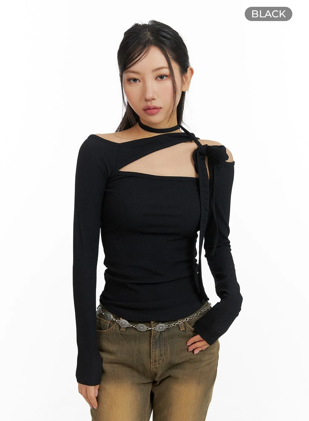 Solid Asymmetrical Neck Cut-Out Long Sleeve Top CM411