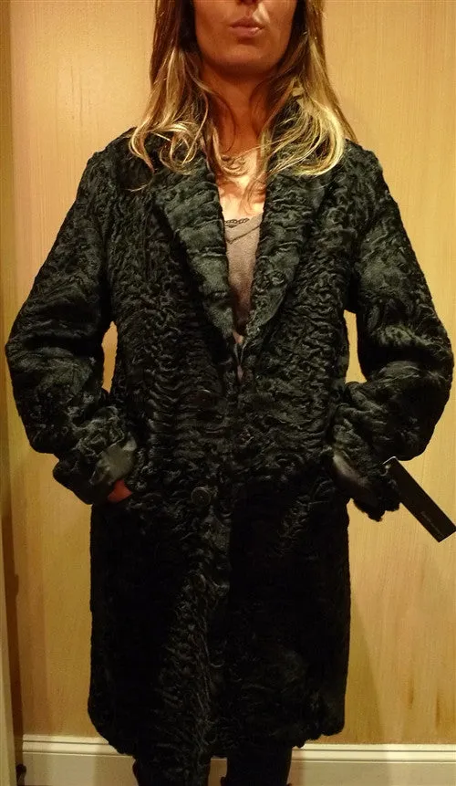 Sprung Freres Black Curly Lamb 3/4 Fur Coat