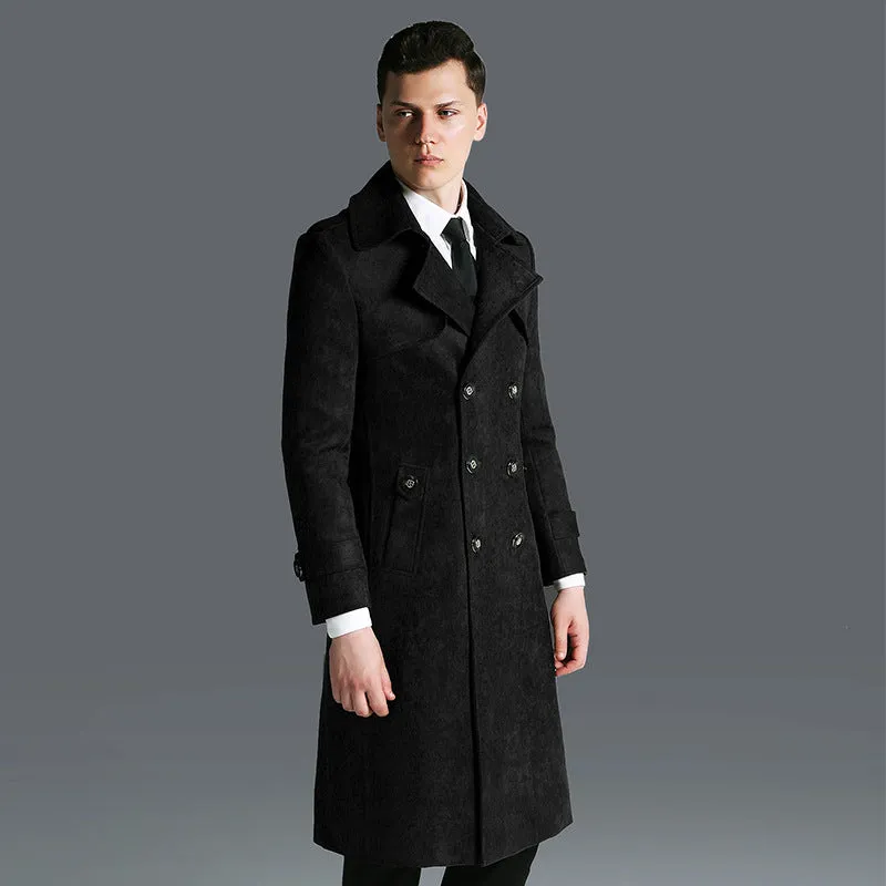 Suede Men's Solid Color Trench Coat