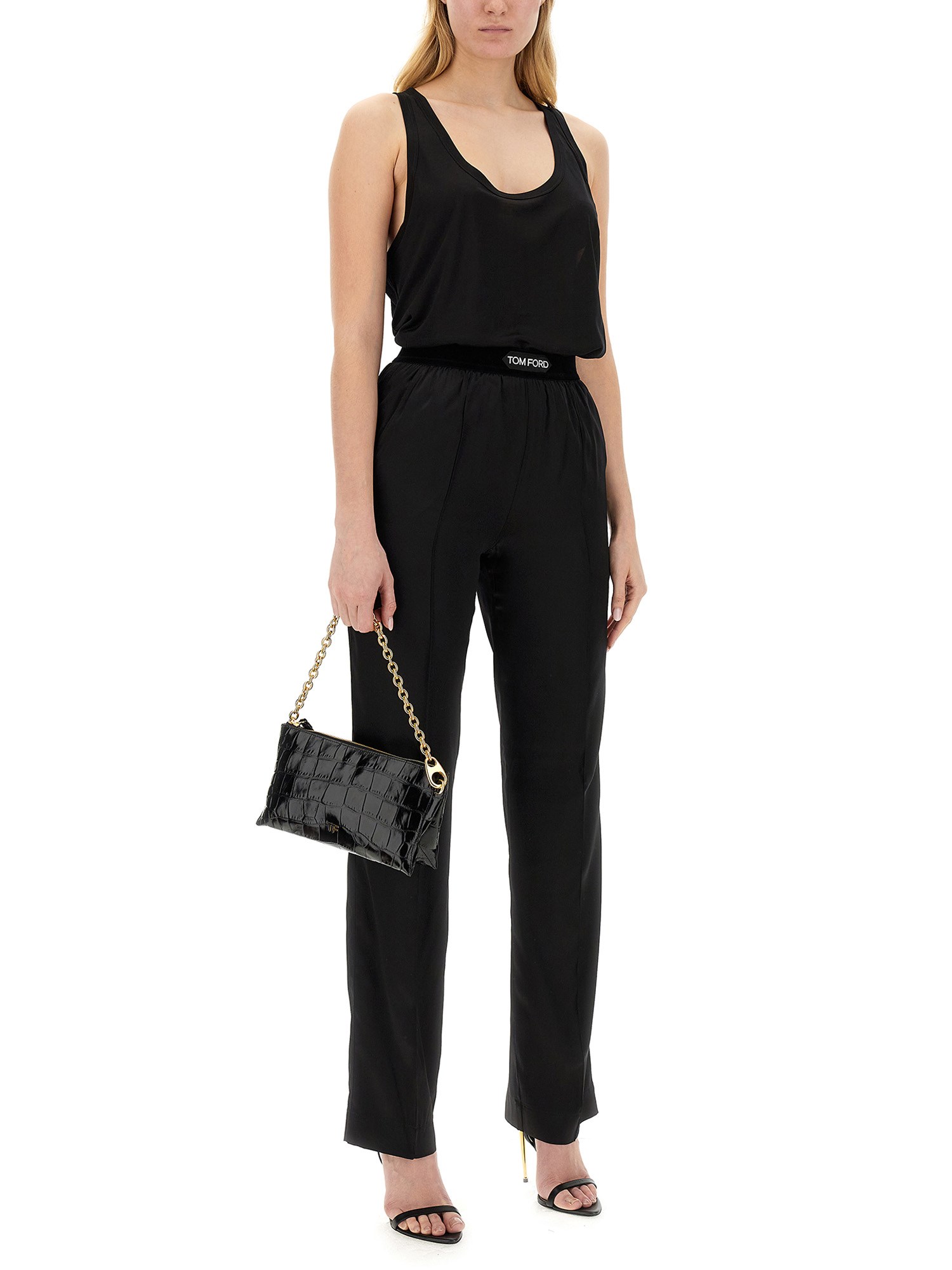 TOM FORD    STRETCH SILK SATIN LOGO PANTS