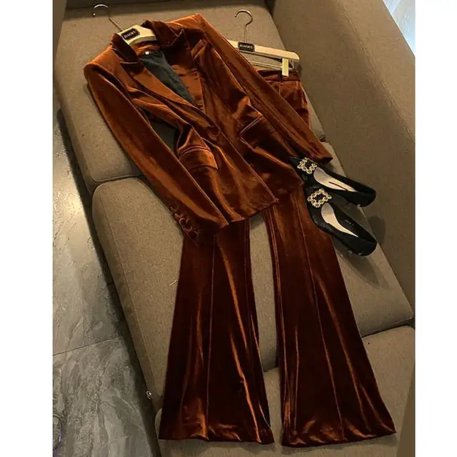 Velvet Blazer Pants Women Set Purple Brown 2023 Autumn Winter New One Button Jacket + Flare Pants Two Piece Office Female Suit