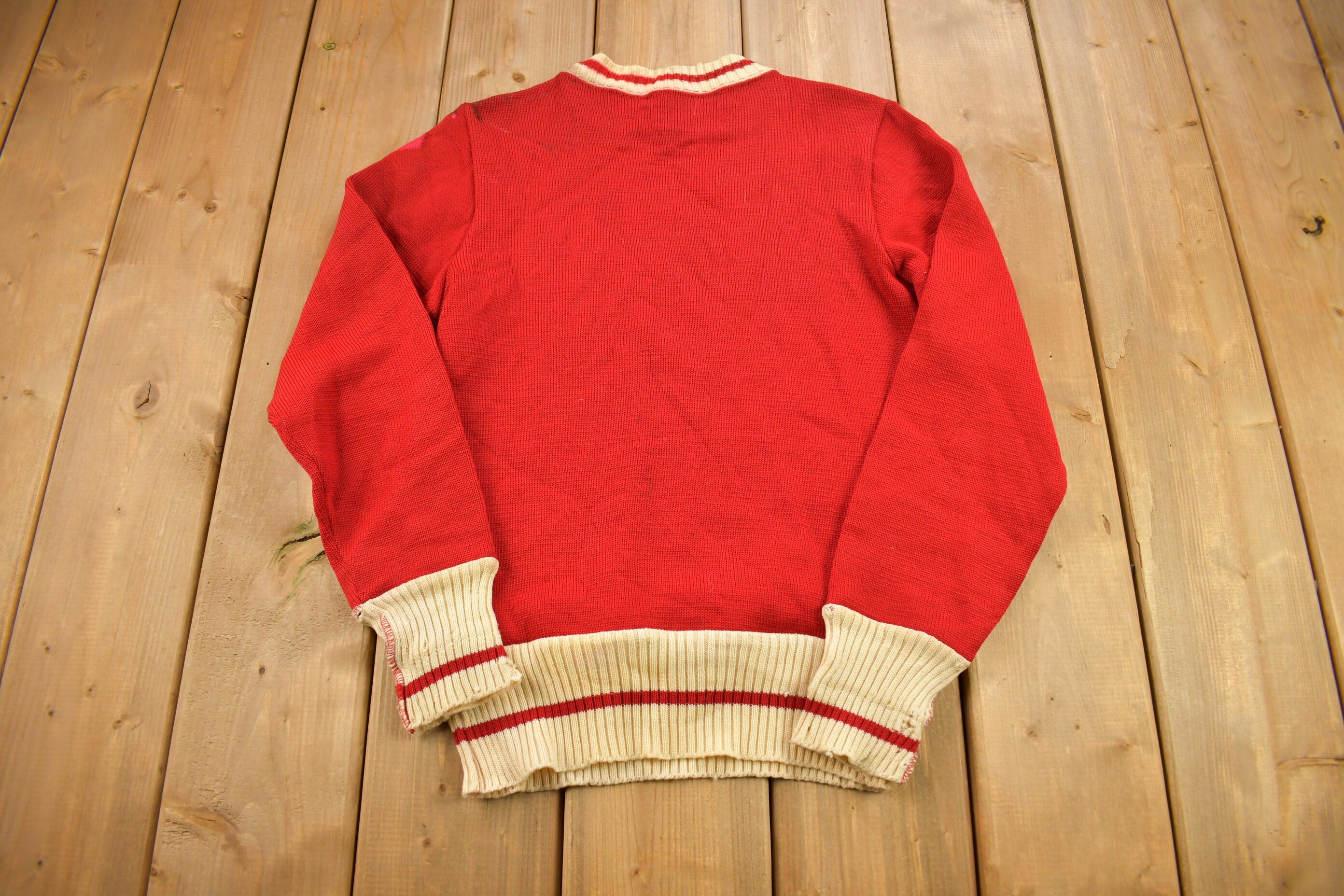 Vintage 1960s Barry Collegiate Knitted Crewneck Sweater / Patchwork / Embroidered / True Vintage / Made In USA