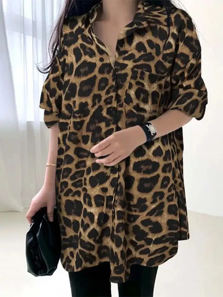 Women Bohemian Leopard Print Shirt ZANZEA Vintage Button Loose Blusas Casual Tunic Top  Autumn Lapel Neck Long Sleeve Blouse S43